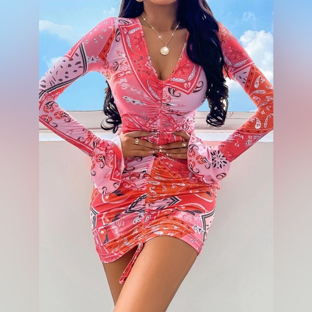Pink Paisley Bandana Print Ruched Bodycon Mini Dress Bell Sleeve Y2K Large